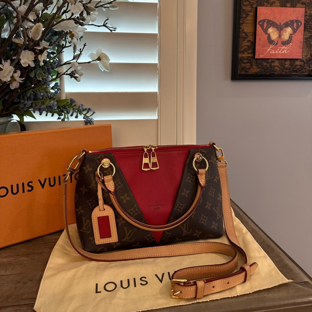 Louis Vuitton Monogram Canvas Red Leather V Tote Two-Way Handbag Purse